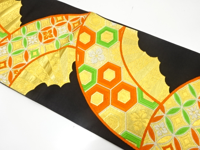 JAPANESE KIMONO / ANTIQUE FUKURO OBI / SILK / WOVEN WHEEL & FLOWER